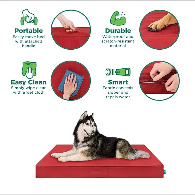 FurHaven Cooling Dog Bed – Large Foam Mattress for Joint Pain Relief, Waterproof Liner, Removable Washable Cover, Durable for Outdoor Use, Deluxe Grid Indoor/Outdoor Bed – Red, Large-PurrikoPets