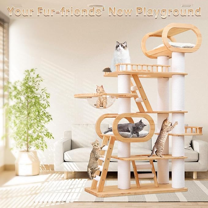 77‘’ Modern Cat Tree, Tall Wood Cat Tower for Indoor Cats Large Adult, Heavy Duty Cat Tree with Scratching Post, Luxury Kitty Condo, Sturdy Cat Furniture with 1 Transparent Bed and 3 Climb Labber-PurrikoPets