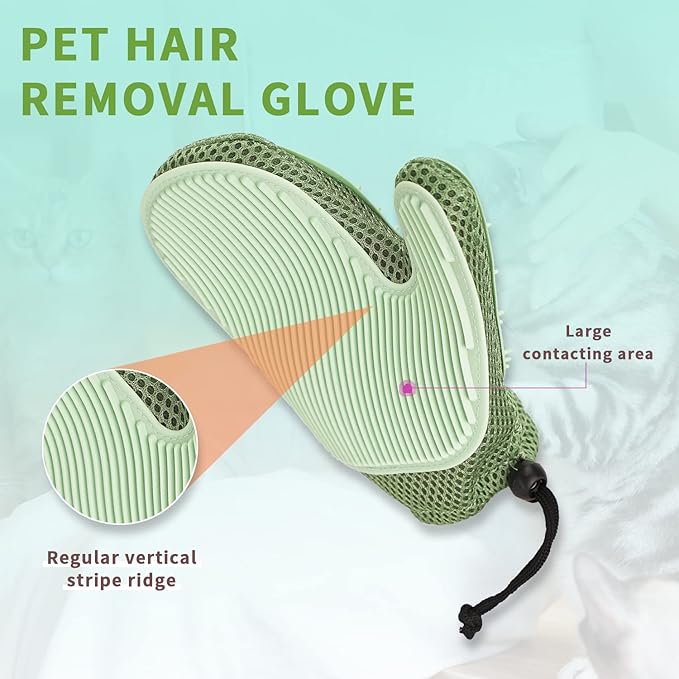 2 in 1 Pet Fur Glove & Cat Hair Remover Glove, Dog Grooming Glove Brush for Shedding, Massage, Efficient Pet Hair Remover Mitt for Couch, Carpet [Green/Single]-PurrikoPets