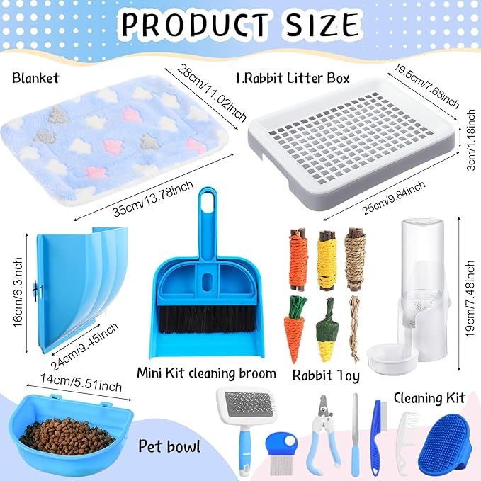 19 Pcs Rabbit Starter Kit Small Bunny Litter Box Animal Grooming Kit Water Bottle Bunny Toys Hay Feeder Bowl Blankets with Cleaning Set for Guinea Pig Rabbit Accessories-PurrikoPets