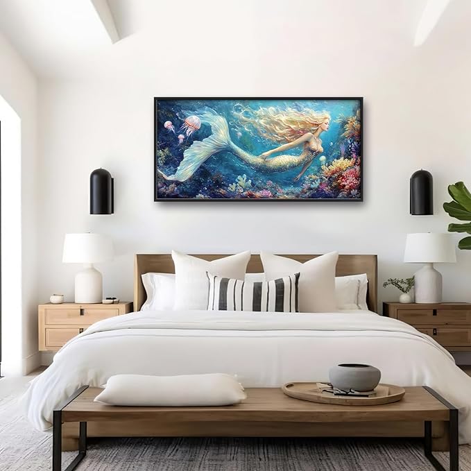 Extra Large Framed Mermaid Wall Art,Oversized Undersea Ocean Wall Decor,Colorful Coral Reefs Pictures for Living Room,Elegant Canvas Print Painting Modern Artwork Bedroom Bathroom 60L x 30W-PurrikoPets