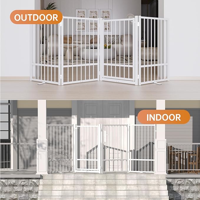 Full Metal Freestanding Dog Gate with Door, 32''Height Foldable Pet Dog Fence for Indoor & Outdoor, 8 Panels Extra Wide Free Standing TallDog Gates for Doorways,House,Stairs,Porch,Deck,Yard-PurrikoPets