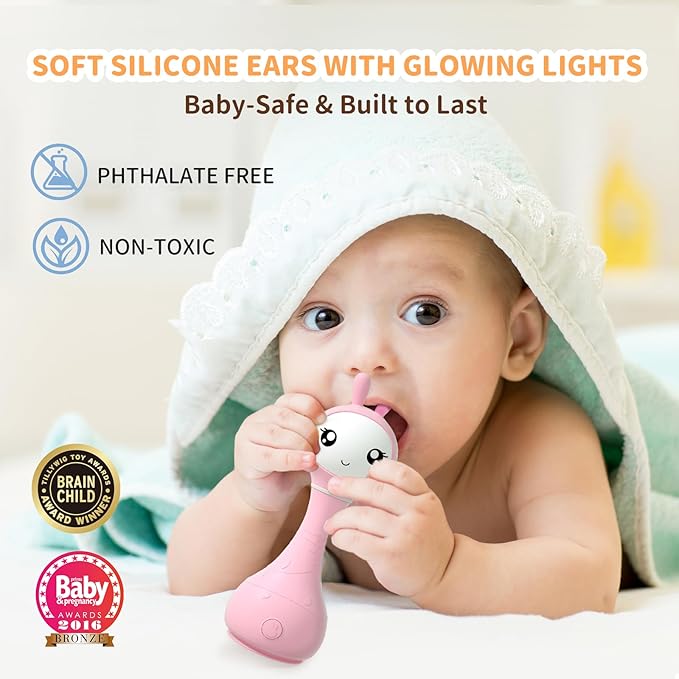 alilo Smarty Bunny Baby Rattle Musical Light Up Toys, Infants Newborns Baby Toys 0-3-6-12-18-24 Months,1 Year Old Boy Girl Gifts, 4 Music Modes and Color Recognition Function with 9 Color Card-PurrikoPets
