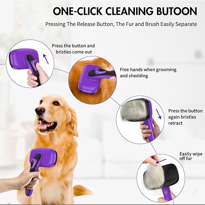 Dog Self Cleaning Slicker Brush for Shedding, Ideal for Short Long Haired Dogs, Including Cat. Removes Loose Fur, Undercoat, Mats, Tangled Hair. Suit for Large Medium Small Animal, Purple-PurrikoPets