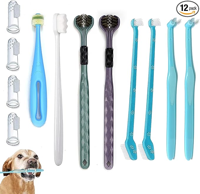 Dog Toothbrush, 360 Degree Finger Toothbrush, Triple Head Toothbrushes,Cleaning Brushes for Dog Cat Oral Dental Health (12 Kit)-PurrikoPets