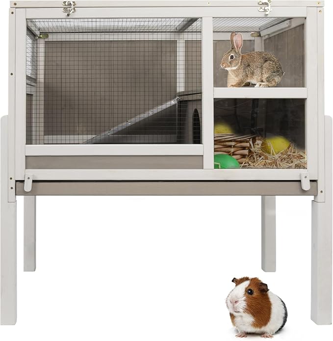 38" L Rabbit Hutch Bunny Cage,Fir Wood Rabbit Cage Indoor Outdoor with Pull Out Tray,Bunny Hutch with Ramp and Hideout,Guinea Pig Cages Rabbit Hutch Indoor with Detachable 4 Legs-PurrikoPets