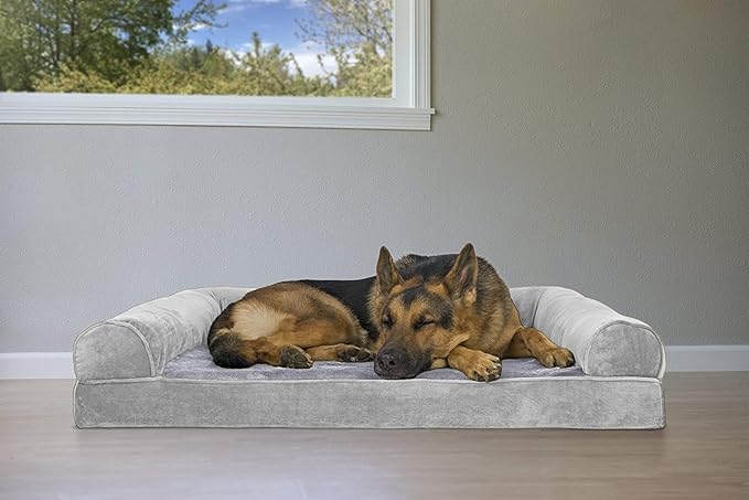 Furhaven Orthopedic Dog Bed for Large Dogs w/ Removable Bolsters & Washable Cover, For Dogs Up to 95 lbs - Faux Fur & Velvet Sofa - Smoke Gray, Jumbo/XL-PurrikoPets