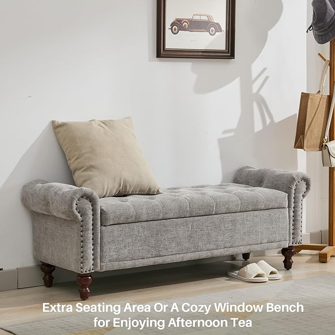 58.1'' Storage Bench Upholstered Chenille End of Bedroom Bed Bench Ottoman with Tufted Cushioned Rolled Arm Large Storage Space for Reading Living Room Entryway, Light Grey-PurrikoPets