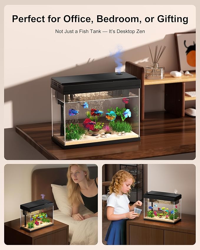 Fish Tank with Desktop Humidifier, 2.38 Gallon Quiet Eco Aquarium,Smart Touch LED Light & Temperature Display, Glass Mini Fish Tank-PurrikoPets
