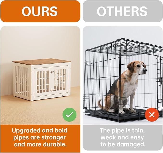 32" Heavy Duty Dog Crate Furniture for Small,Medium and Large Dogs,Rustic Wooden Dog Cage Kennel Indoor Furniture with Waterproof Top,Decorative Pet House Side End Table (White & Wood)-PurrikoPets