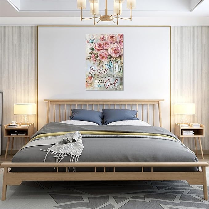 Farmhouse Rose Wall Art Christian Scripture Pictures Pink Rose Wall Decor Rustic Floral Butterfly Canvas Print Painting Artwork for Bathroom Living Room Bedroom 16"x24"-PurrikoPets