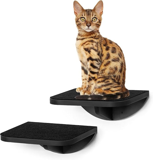 2-Piece Cat Wall Steps with Grey Felt Pads, Floating Cat Wall Perches and Climbing Steps, Wall Mounted Shelf for Small and Large Cats-PurrikoPets