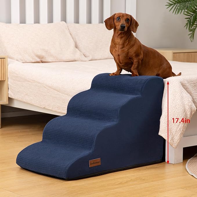4-Step Dog Stairs and Ramp for Beds or Couches,Non-Slip Sturdy Pet Steps for Small Dogs and Cats,17.4" H,Blue-PurrikoPets