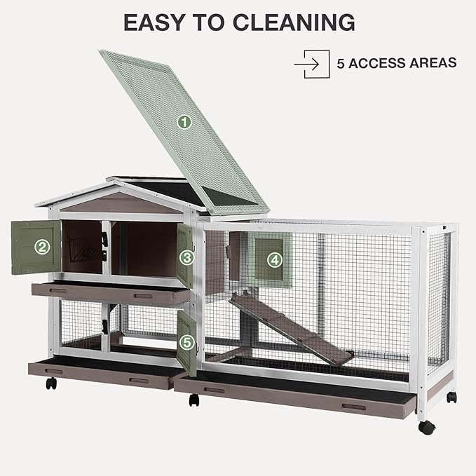 2-Story Indoor Rabbit Hutch with Chew-Proof Outdoor Rabbit Cage with 6 Locking Casters Bunny Cage 2 Pull-Out Trays Guinea Pigs Cage 62" Brown-PurrikoPets
