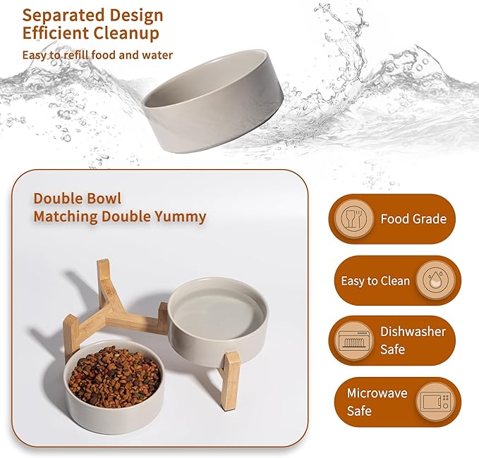Elevated Ceramic Dog Bowl Set - Raised Feeding Bowls with Non-Slip Bamboo Stand - Small Pet Dishes for Food and Water - Ideal for Cats and Puppies - 16.23 OZ - 2 Cups - 480 ML-PurrikoPets