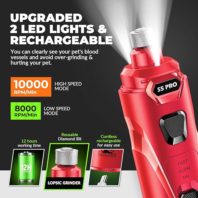 Dog Nail Grinder with 2 LED Lights Powerful 2 Speeds Super Quiet Dog Nail Trimmers with 3 Grinding Wheels Rechargeable Pet Dog Nail Clippers for Large Medium Puppy Dogs Dog Nail File Cat Nail Clipper-PurrikoPets