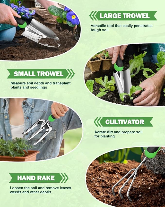 Garden Tools Set, 8 in 1 Heavy Duty Garden Tools Kit, Stainless Steel Ergonomic Gardening Hand Tool with Upgraded Bag, Gardening Supplies Gift for Women, Kid, Organizer-PurrikoPets