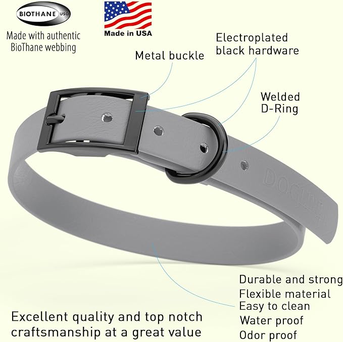 Dogline Biothane Waterproof Dog Collar Strong Coated Nylon Webbing with Black Hardware Odor- Proof for Easy Care Easy to Clean High Performance Fits Small Medium or Large Dogs, Battleship Gray-PurrikoPets