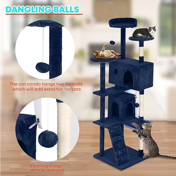 FDW Cat Tree 70in Cat Tower Multi-Level Durable Cat Scratching Post & Cozy Fun Cat Jumping Platform Space Saving Cat Condo Pet Play House for Indoor Cats,Navy Blue-PurrikoPets