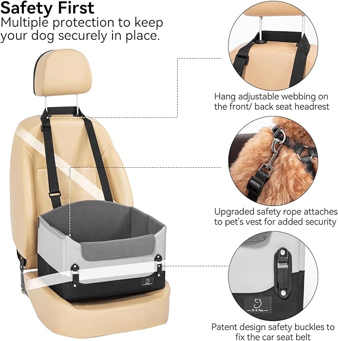 A4Pet Dog Car Seats for Small Dogs, Booster Car Seat with Patent Buckles & Clip-On Safety Leash, Pet Seat for Puppy Small Dogs Cats Under 25 Lbs, Grey-PurrikoPets
