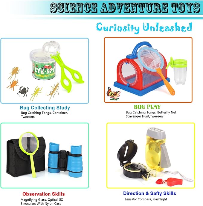 ESSENSON Outdoor Explorer Kit & Bug Catcher Kit with Binoculars, Compass, Magnifying Glass, Critter Case and Butterfly Net Great Toys Kids Gift for Boys & Girls Age 3-12 Year Old Camping Hiking-PurrikoPets