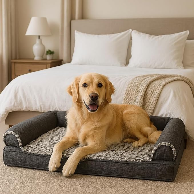 Furhaven Orthopedic Dog Bed for Large Dogs w/ Removable Bolsters & Washable Cover, For Dogs Up to 95 lbs - Luxe Faux Fur & Performance Linen Sofa - Charcoal, Jumbo/XL-PurrikoPets