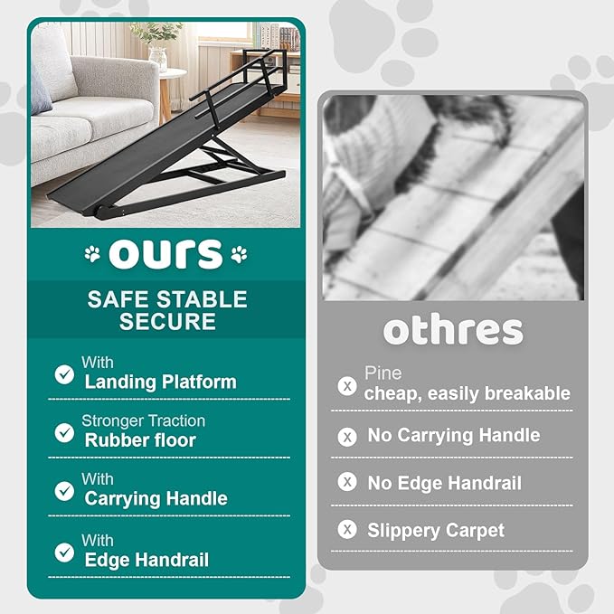 Dog Ramp for Bed, Adjustable Pet Ramps for Dog to Get on Bed, Non-Slip Rubber Surface - Folding Wooden Dog Ramp for Small/Large/Old Dogs, Adjustable up to 31 inch High Beds, Safety Railings-PurrikoPets