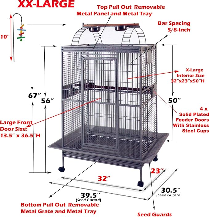 Extra Large Double Ladders Open Play Top Wrought Iron Bird Parrot Parttot Finch Macaw Cockatoo Cage, Include Seed Guard and Toy Hook (32" x 23" x 66"H White Vein)-PurrikoPets