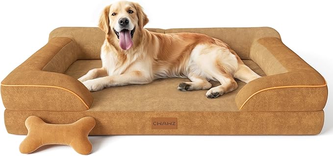 Extra Large Dog Bed, Orthopedic Dog Beds with Cooling Gel Memory Foam, Waterproof XL Pet Bed with Removable Washable Cover, 42" Pet Sofa Couch Dutch Velvet with Bone Toy, Brown-PurrikoPets