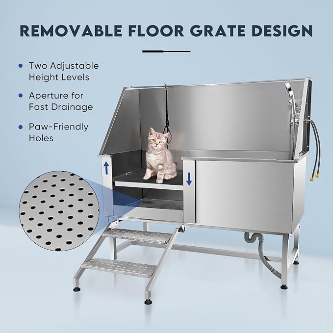 62" Pet Dog Bathing Station,Professional Stainless Steel Dog Grooming Tub,Pet Bathing Tub Dog Bathing Station with Faucet Walk-in Ramp Accessories,Commercial or Household use, (Extra Large)-PurrikoPets