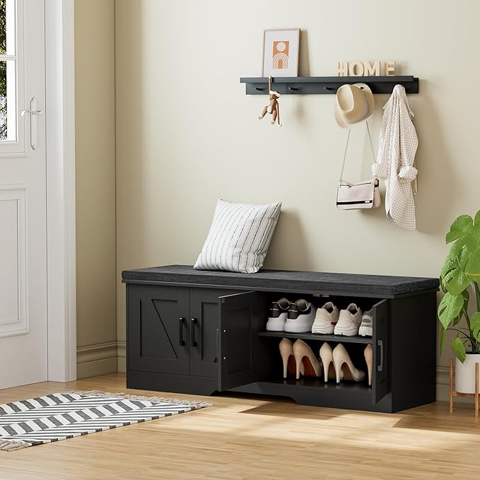 2-Tier Storage Bench, Shoe Bench with Padded Seat Cushion, Entryway Bench with 4 Barn Doors, Adjustable Shelf, 13.8" D x 47.2" W x 17.7" H, for Entryway, Living Room, Bedroom, Black-PurrikoPets
