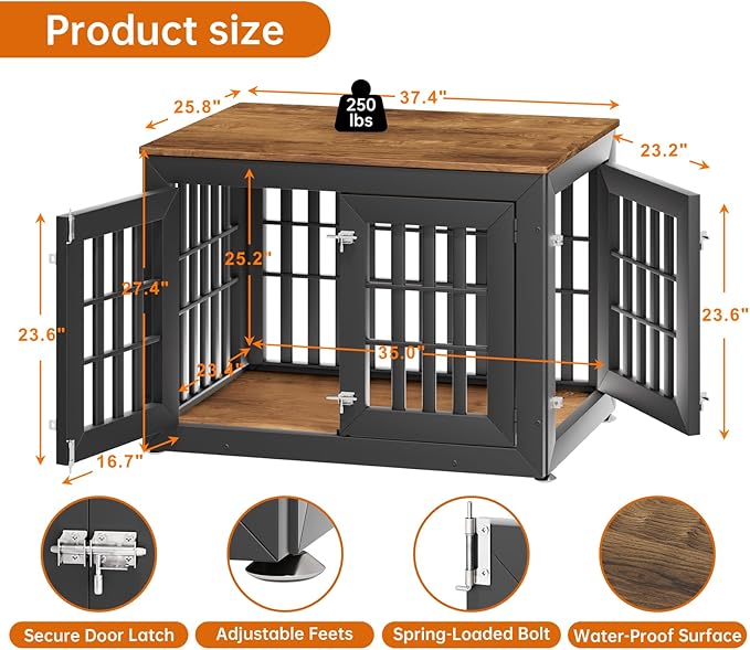 38" Heavy Duty Dog Crate Furniture for Small,Medium and Large Dogs,Rustic Wooden Dog Cage Kennel Indoor Furniture with Waterproof Top,Decorative Pet House Side End Table (Black & Wood)-PurrikoPets