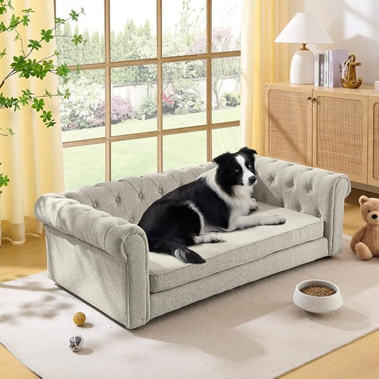 Dog Sofa Couch for Medium to Large Dogs, 55" Memory Foam Pet Sofa Couch with Washable Fabric, Durable Elevated Dog Bed with Legs, Removable Cushion for Medium and Large Dogs, Beige-PurrikoPets