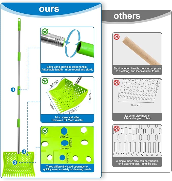 12-Inch 2-in-1 Chicken Poop Scooper & Rake – US Patent Pending – 3-Shape Sifting Holes Chicken Coop Rake，Stainless Steel Handle （20–61"）– Litter Scoop Sand & Sifting Shovel for Chicken Coops(Green)-PurrikoPets