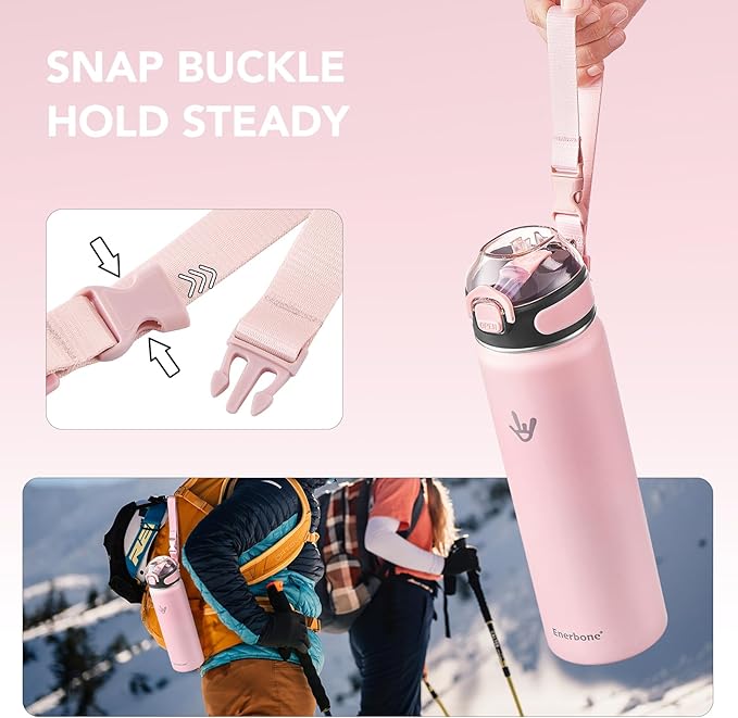 Enerbone 24 oz Insulated Water Bottle, Stainless Steel Bottle with Carrying Strap, Double-Wall Vacuum Insulation Design, Leakproof Sports Bottle with Straw, Keep Drinks Cold or Hot for Hours-PurrikoPets