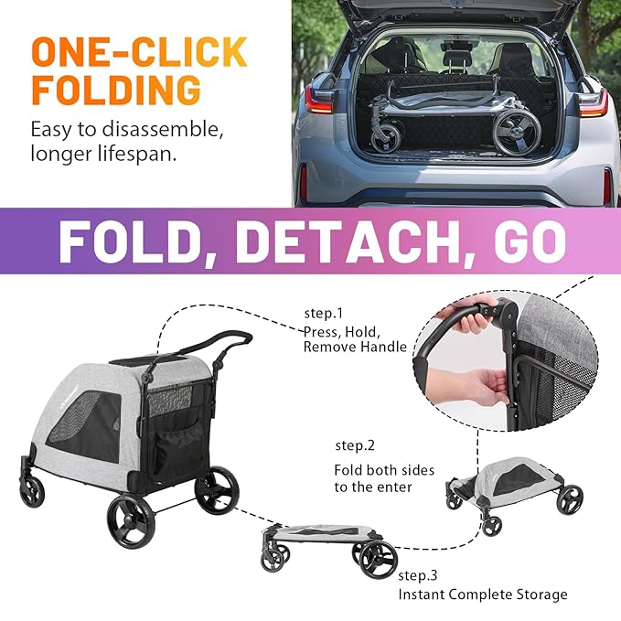EchoSmile XL Extra Large Dog Stroller - Adjustable Handles,Lightweight Folding Pet Stroller,All-Terrain 4 Wheel for 2 Medium Dogs,Dual Entry Safety Dog Stroller,Capacity 160 lbs,Gray-PurrikoPets