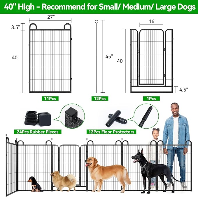 Dog Playpen Outdoor 12 Panels Heavy Duty Dog Fence 40" Height Anti-Rust with Doors Portable for RV Camping Yard, Total 27FT, 58 Sq.ft, Snowy Black-PurrikoPets