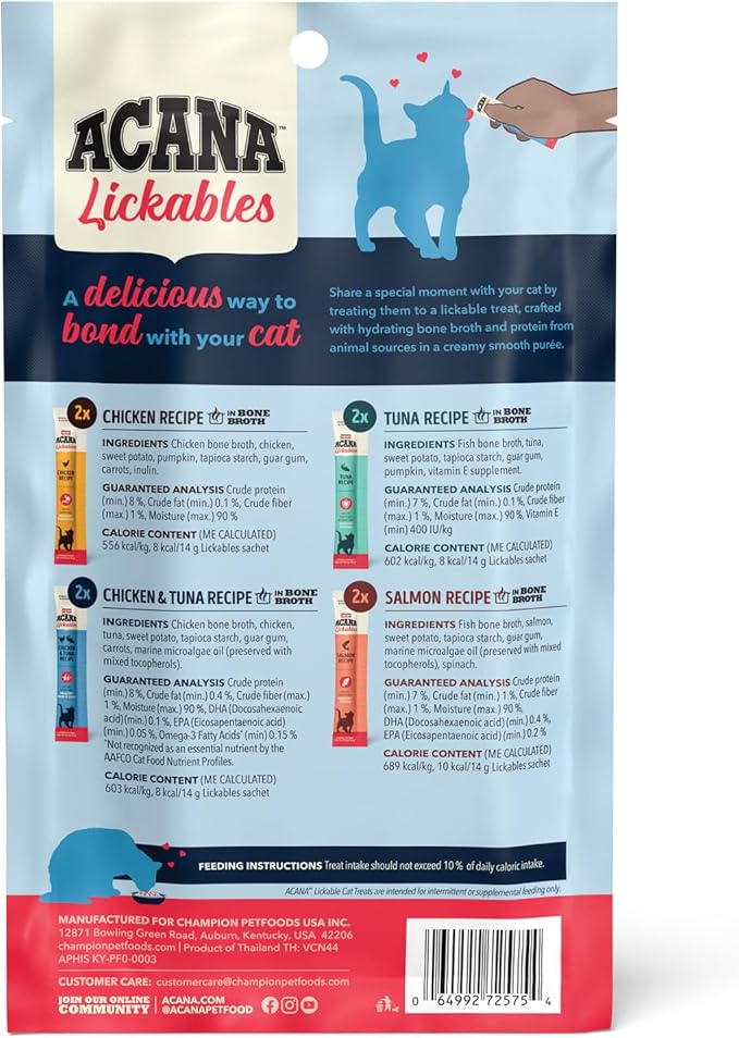 ACANA Lickables Cat Treats Variety Pack: .5oz Tubes (8 Count, 2 of Each)-PurrikoPets