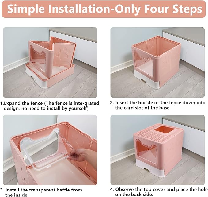 Foldable Cat Litter Box with Lid, Enclosed Potty, Large Top Entry Anti-Splashing Toilet, Easy to Clean Including Litter Scoop and 2-in-1 Cleaning Brush (Pink)-PurrikoPets