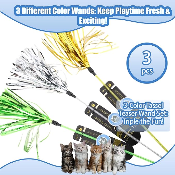 ADUCK Interactive Cat Teaser Wand Toy with Tassels - Durable Cat Chaser for Indoor Kitten Exercise, Boredom Relief & Training Play, Pack of 3 (Gold, Silver, Green)-PurrikoPets