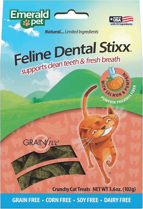 Emerald Pet Feline Dental Stixx — Tasty and Crunchy Cat Dental Sticks with Pumpkin for Digestive Health — Natural Grain Free Dental Treats for Clean Cat Teeth and Fresh Breath — Salmon Stixx, 3.6 oz-PurrikoPets