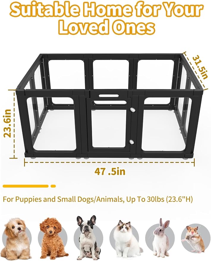 Dog Playpen, Clear Acrylic Plastic Puppy Playpen Indoor, Pet Pen for Puppy Cat Bunny, Transparent Easy Assemble Foldable Whelping Box for Dogs, Puppy Playpen with Gate (23.6" Height, 10PCS)-PurrikoPets