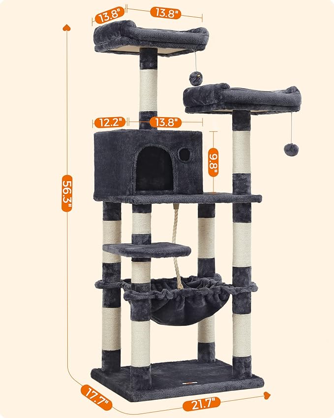 FEANDREA Cat Tree, Cat Tower for Indoor Cats, 56.3-Inch Cat Condo with Scratching Posts, Hammock, Plush Perch, Smoky Gray UPCT15GYZ-PurrikoPets