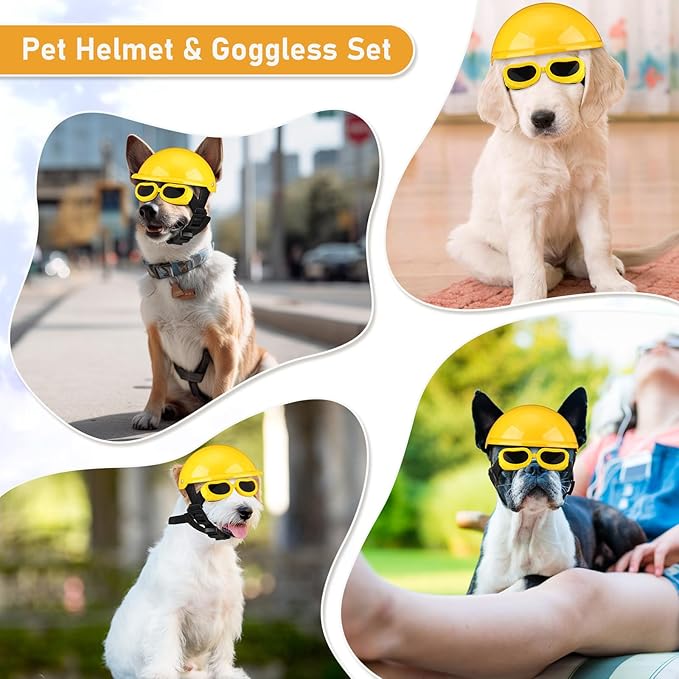 Frienda Dog Helmet and Goggles, UV Protection Doggy Sunglasses and 4 Inch Padded Puppy Motorcycle Helmet Adorable Dog Goggles with Adjustable Belt for Small Dogs Puppy Riding (Yellow,L)-PurrikoPets