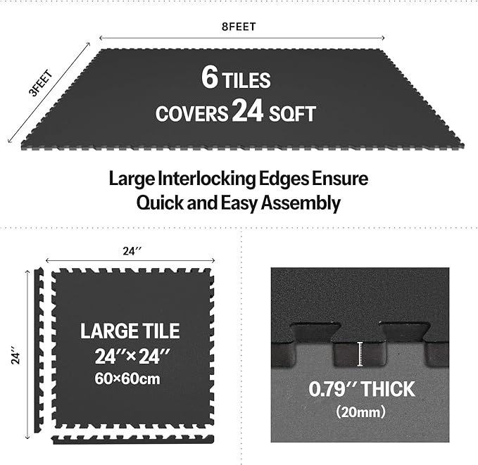 AIRHOP 0.79in Thick 24 Sq Ft Exercise Equipment Mats, 6 Tiles Upgraded Rubber Top with High Density EVA Foam, Large Interlocking Puzzle Gym Flooring for Home Gym, Heavy Weight Workout,Black-PurrikoPets
