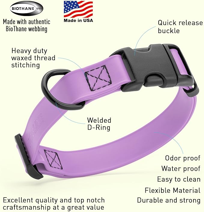 Dogline Biothane Waterproof Dog Collar with Quick Release Buckle Strong Coated Nylon Webbing with Odor- Proof for Easy Care Easy to Clean Fits Small Medium Large Dogs, Amethyst Purple 5/8" W 9-14" L-PurrikoPets