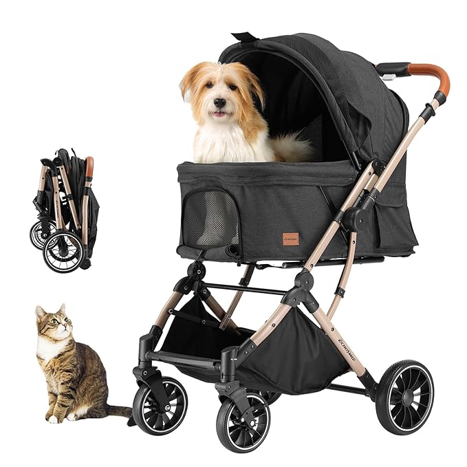 EchoSmile Small Medium Dogs Stroller 4-Wheel Pet Strollers for Medium Dogs Up to 50lbs, One Click Folding Large Cat Stroller, Reversible Handle, Shock Absorbing Wheels, Removable Washable Pad-PurrikoPets