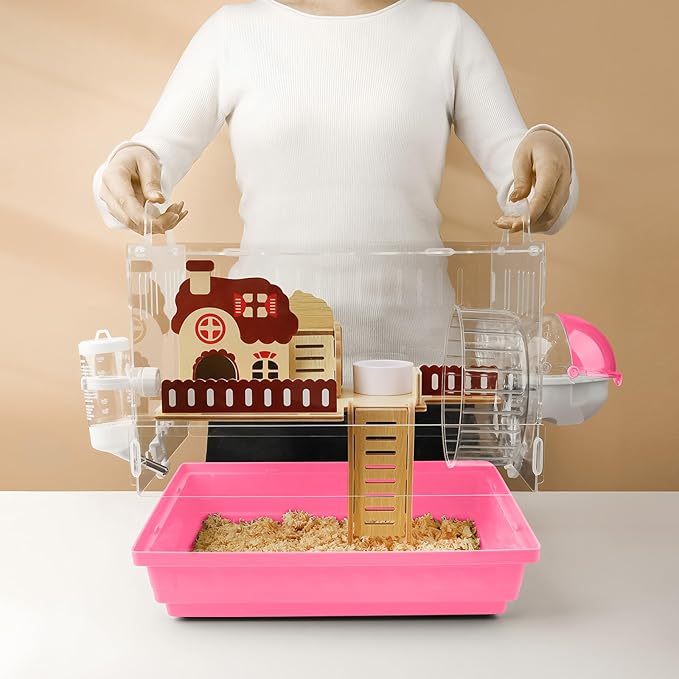 8 in 1 Clear Acrylic Hamster Cage with All Accessories,13.5''L* 10''W* 13''H Dwarf Hamster Cage,Small Hamster Habitat,Garden Style Mouse Cage for Pet Mice,Hamster Enclosure(1-Layer,Pink)-PurrikoPets