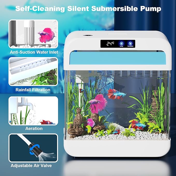 Fish Tank Aquarium 2.2 Gallon with 7 Color Auto-Looping Light, Fish Bowl with Humidifier 3 in 1 Pump - Filteration & Oxygenation & Circulation, Temperature Display, HD Float Glass, Thickened Base-PurrikoPets