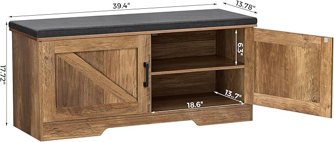 2-Tier Storage Bench, Shoe Bench with Padded Seat Cushion, Entryway Bench with 2 Barn Doors, Adjustable Shelf, 13.8" D x 39.4" W x 17.7" H, for Entryway, Living Room, Bedroom, Rustic Walnut-PurrikoPets